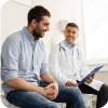 Smiling doctor and young man meeting at hospital.